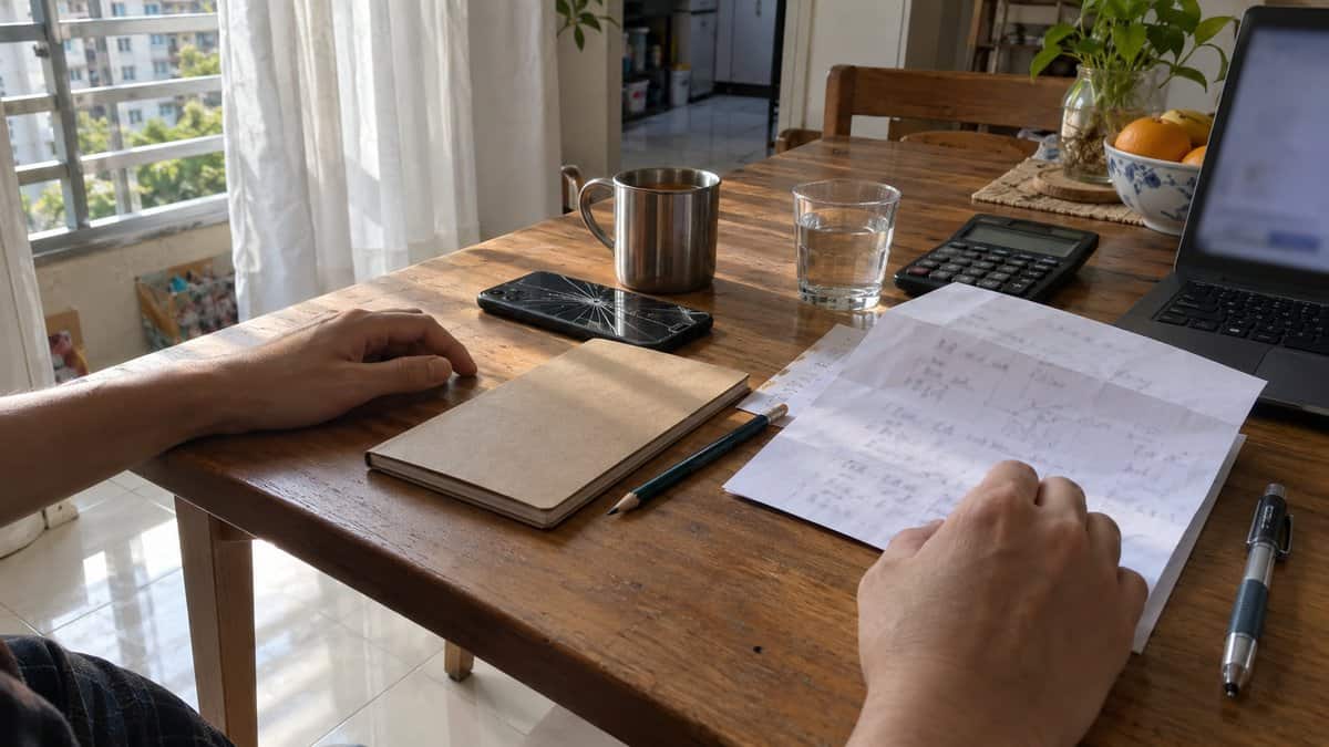Two hands rest on a wooden dining table beside a notebook, pencil, calculator, steel cup of tea and a blurred laptop in window light.